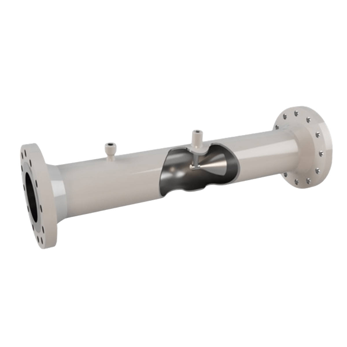 Cutaway view of a white flanged cone meter with internal cone element