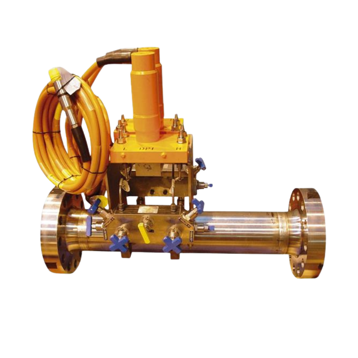 Subsea Venturi meter with yellow cable, DP transmitter, and flanged pipe body
