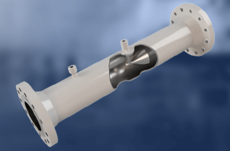 Cutaway 3D render of a McMenon Cone Meter showing internal cone-shaped element