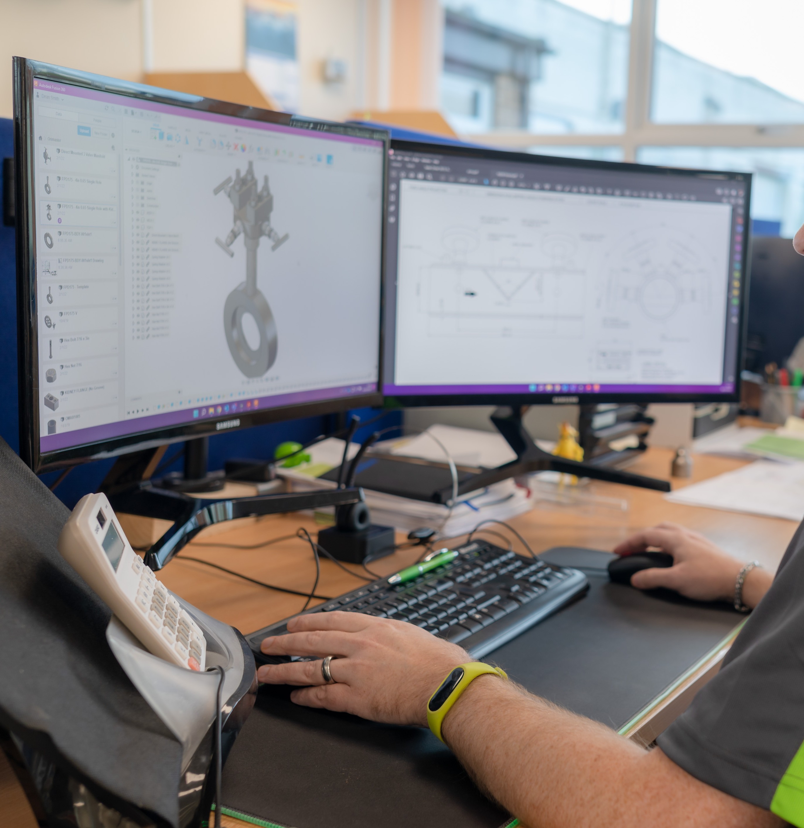 Engineer reviewing valve design and manufacturing data on dual monitors