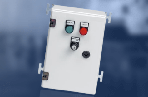 White industrial control panel with green HEALTHY indicator, red FAULTY indicator, and rotary switch