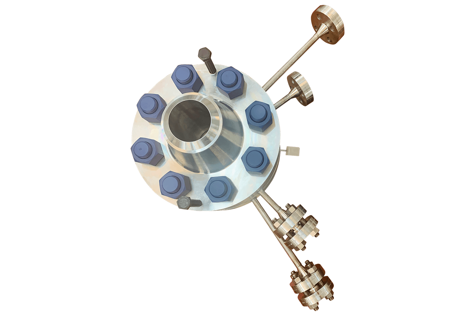 Industrial orifice plate assembly with a metal flange secured with blue-capped bolts and attached stainless steel piping