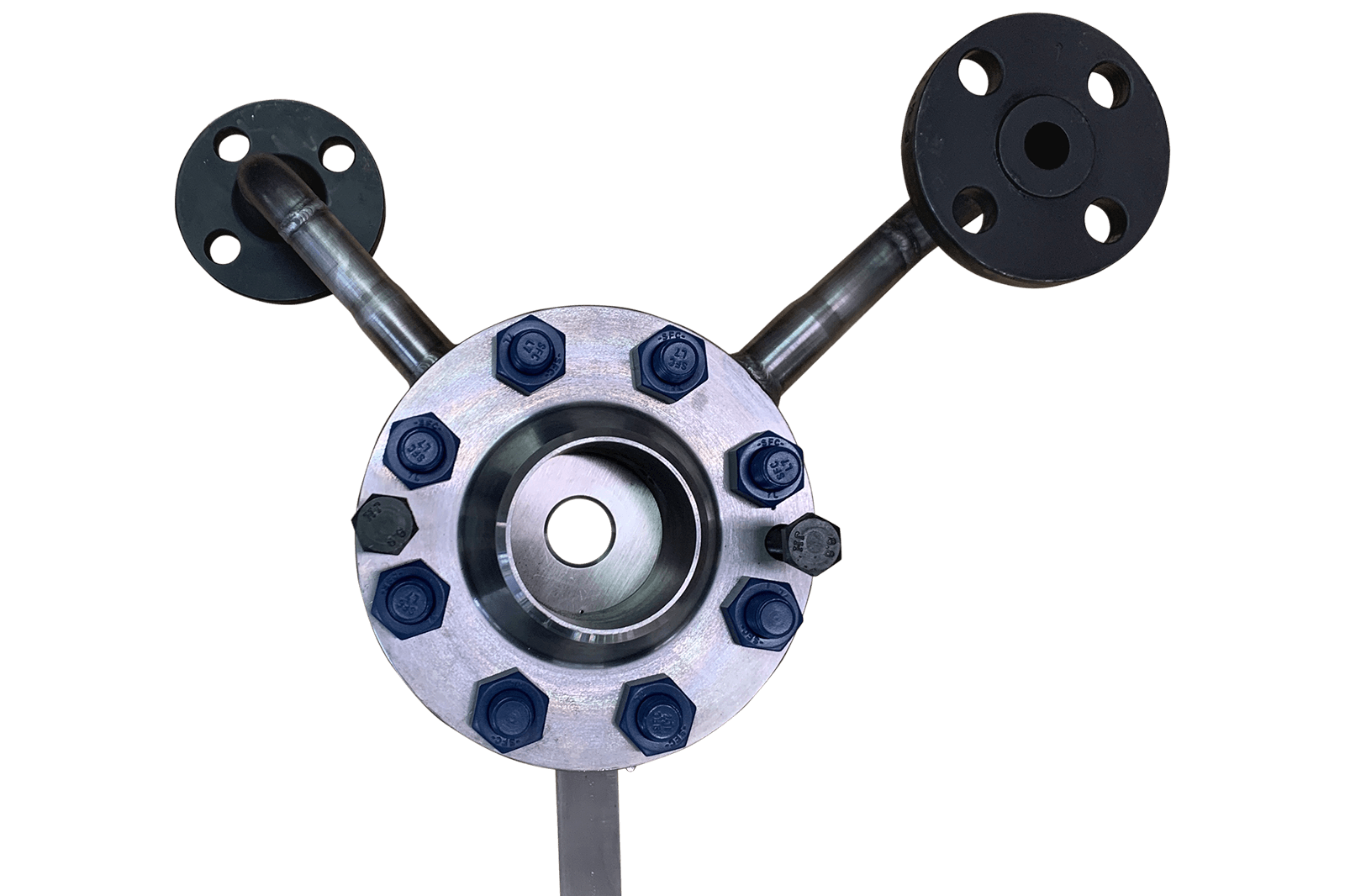 McMenon orifice plate assembly with a flanged central housing secured with blue-capped bolts and attached pipe branches