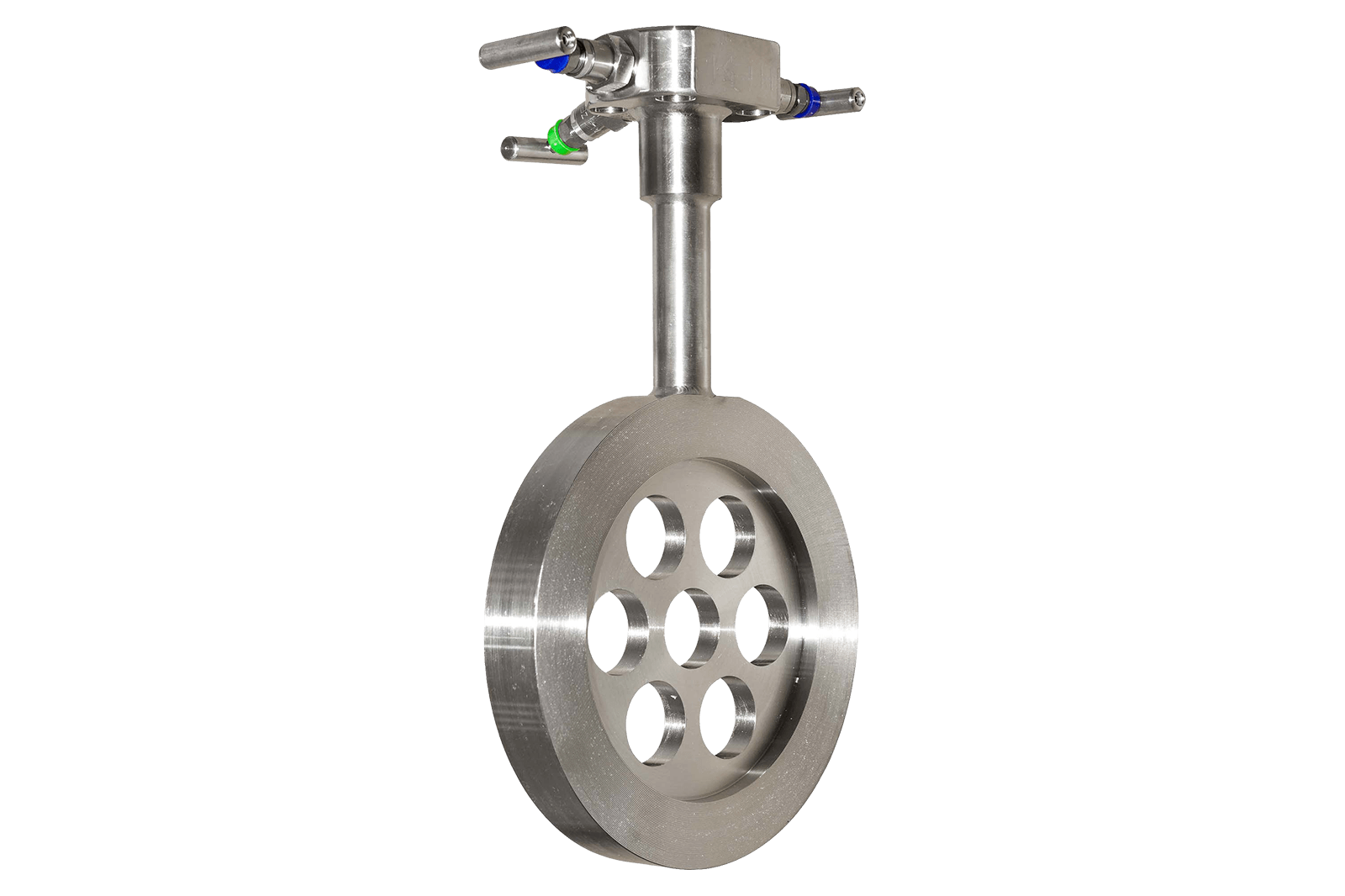Stainless steel orifice plate flow measurement device with a multi-hole plate and valve top assembly