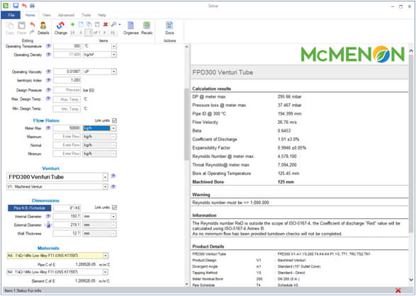 McMenon Solve software interface for Venturi Tube calculations