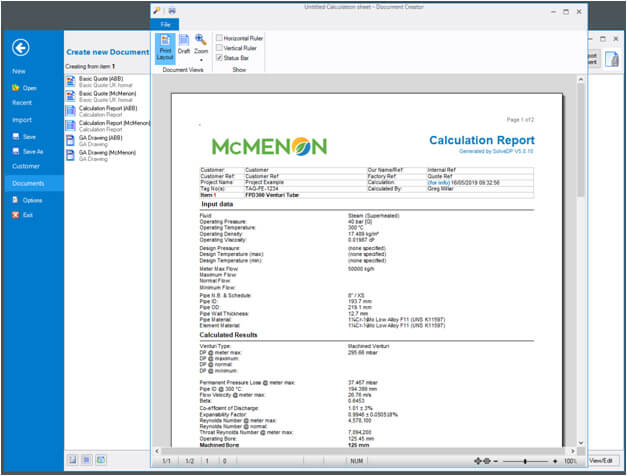 McMenon Solve software interface showing a calculation report