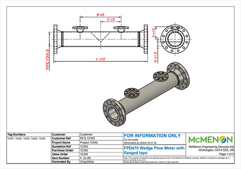 Technical drawing and 3D render of an FPD470 Wedge Flow Meter