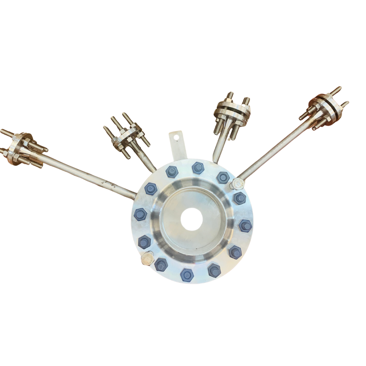 Stainless steel orifice plate assembly with multiple impulse lines and blue bolts