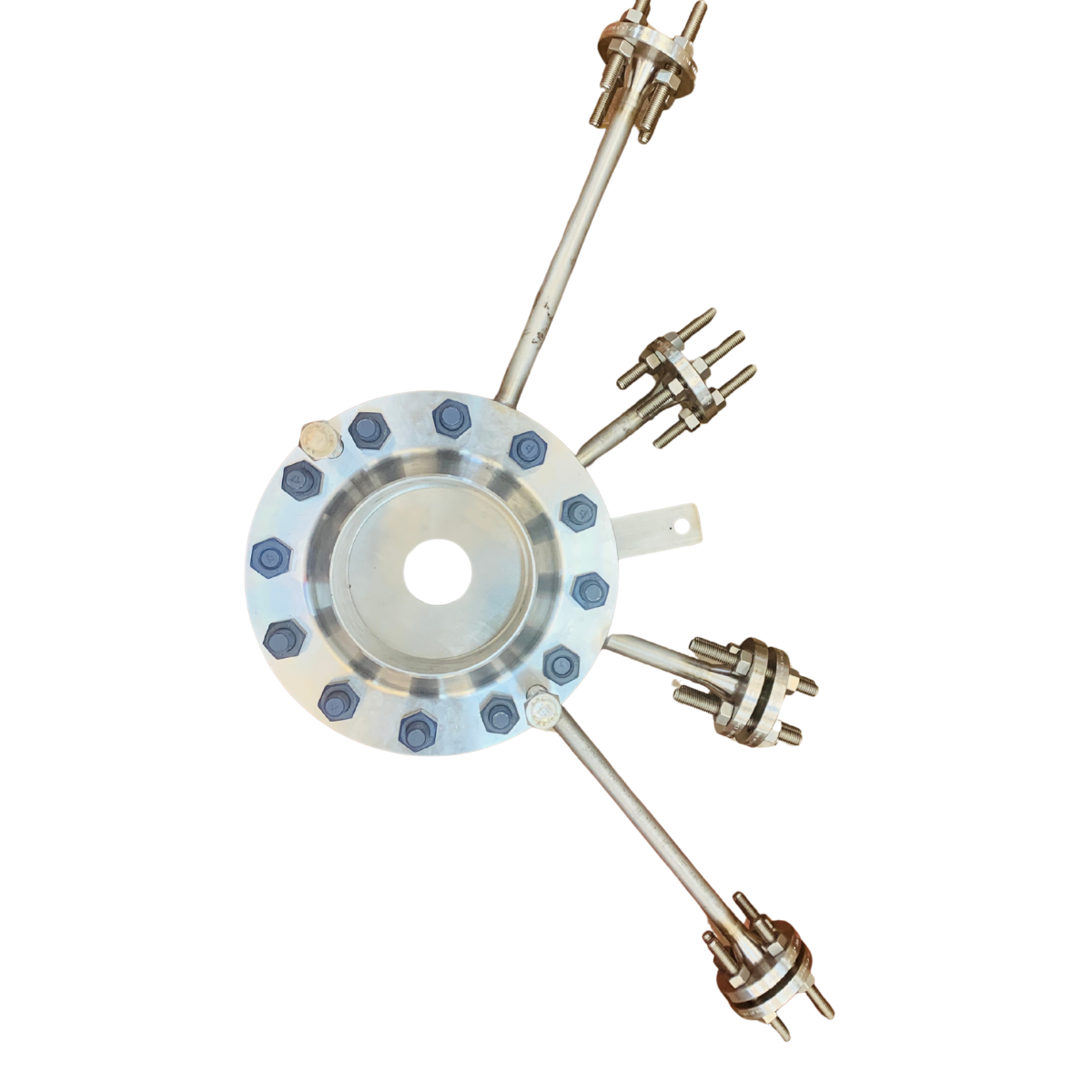 Stainless steel orifice plate assembly with blue bolts and connecting piping