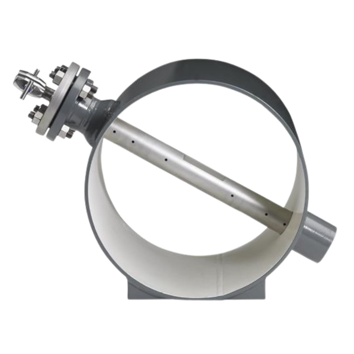 Stainless steel averaging pitot tube with a perforated probe inside a circular metal flange