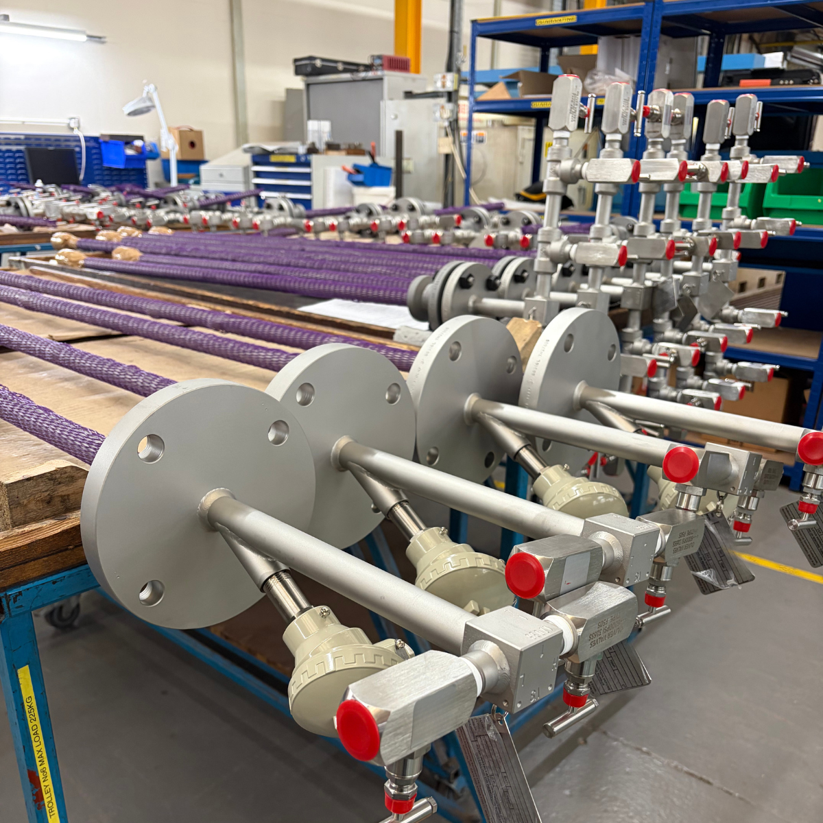 Averaging Pitot Tubes arranged for inspection in the workshop