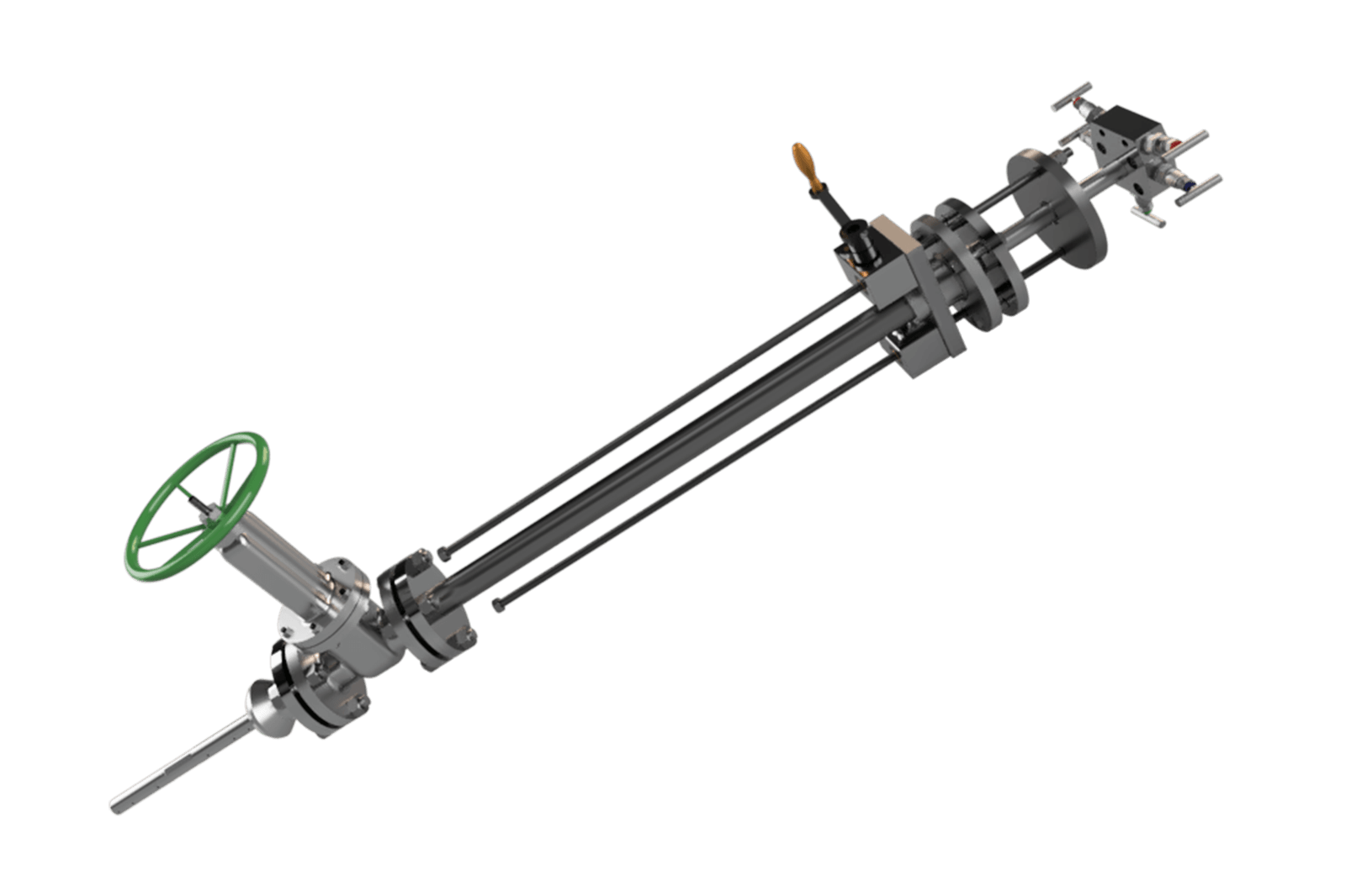 CAD render of the QBar Averaging Pitot with a long metal probe, control wheel, and flange components