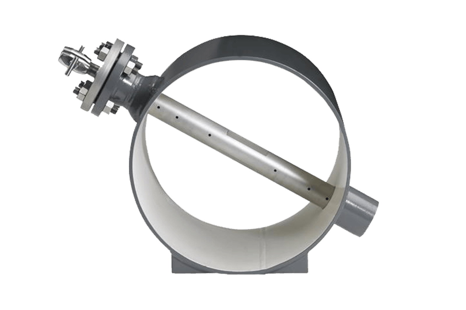 QBar Averaging Pitot tube with a metal circular housing containing an internal sensing tube with multiple pressure ports