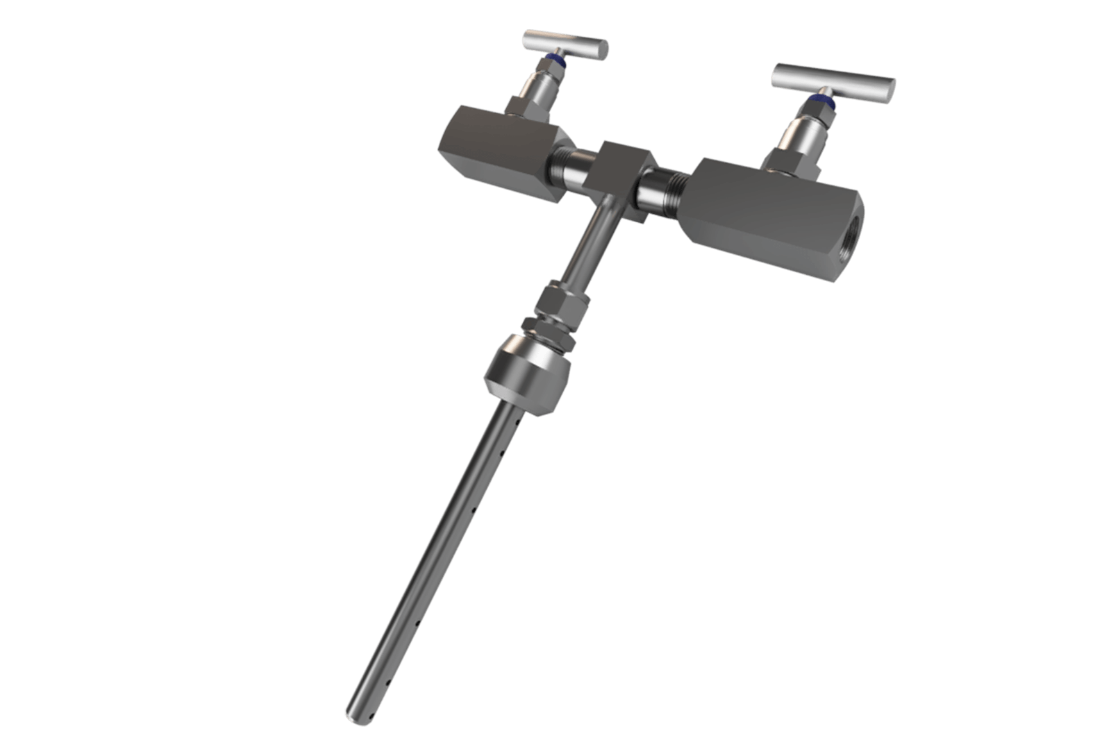 CAD render of the QBar Averaging Pitot tube with stainless steel valves, manifolds, and a perforated probe rod