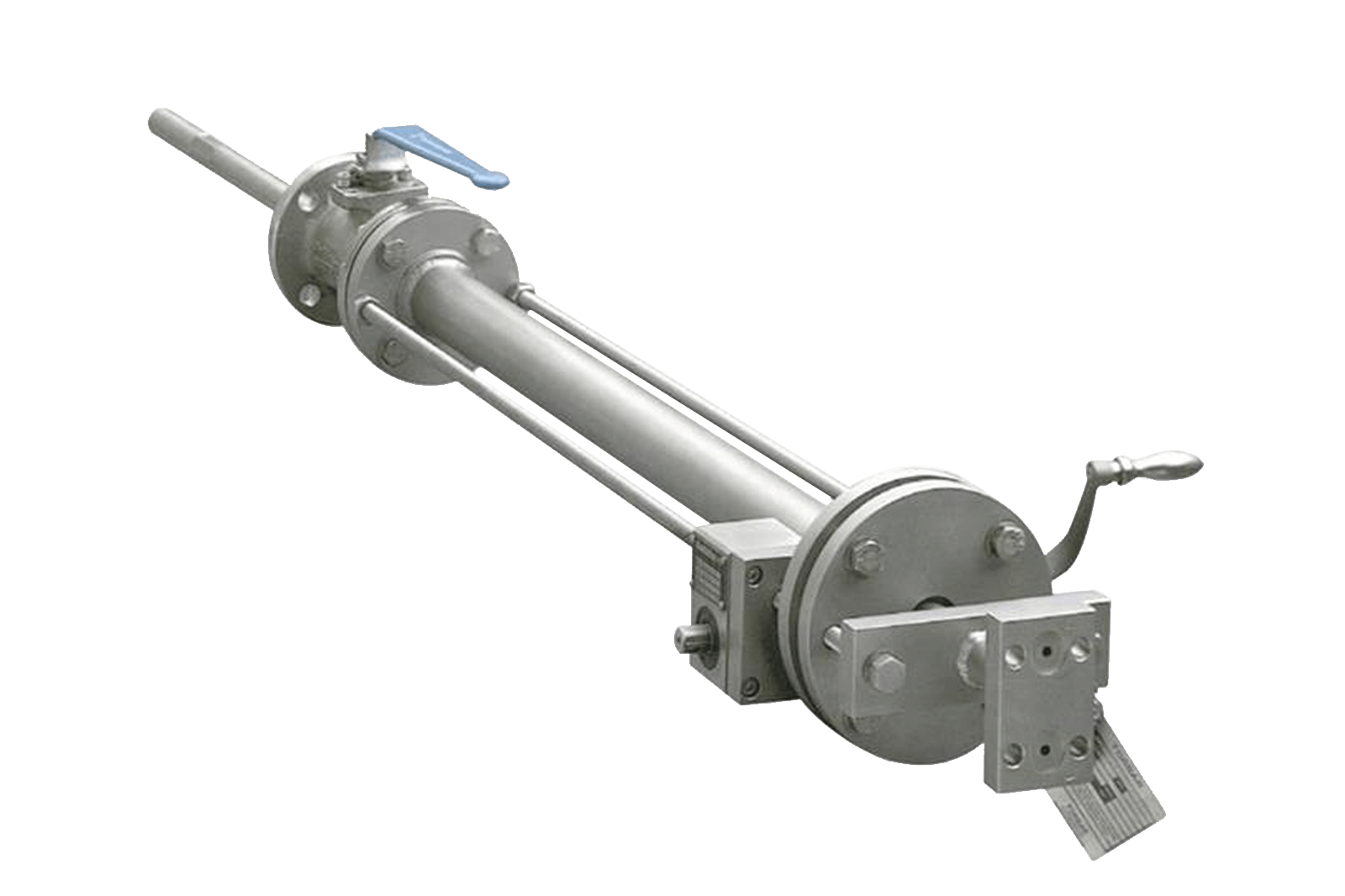 Stainless steel QBar Averaging Pitot tube with flanges, a blue valve handle, and mounting brackets
