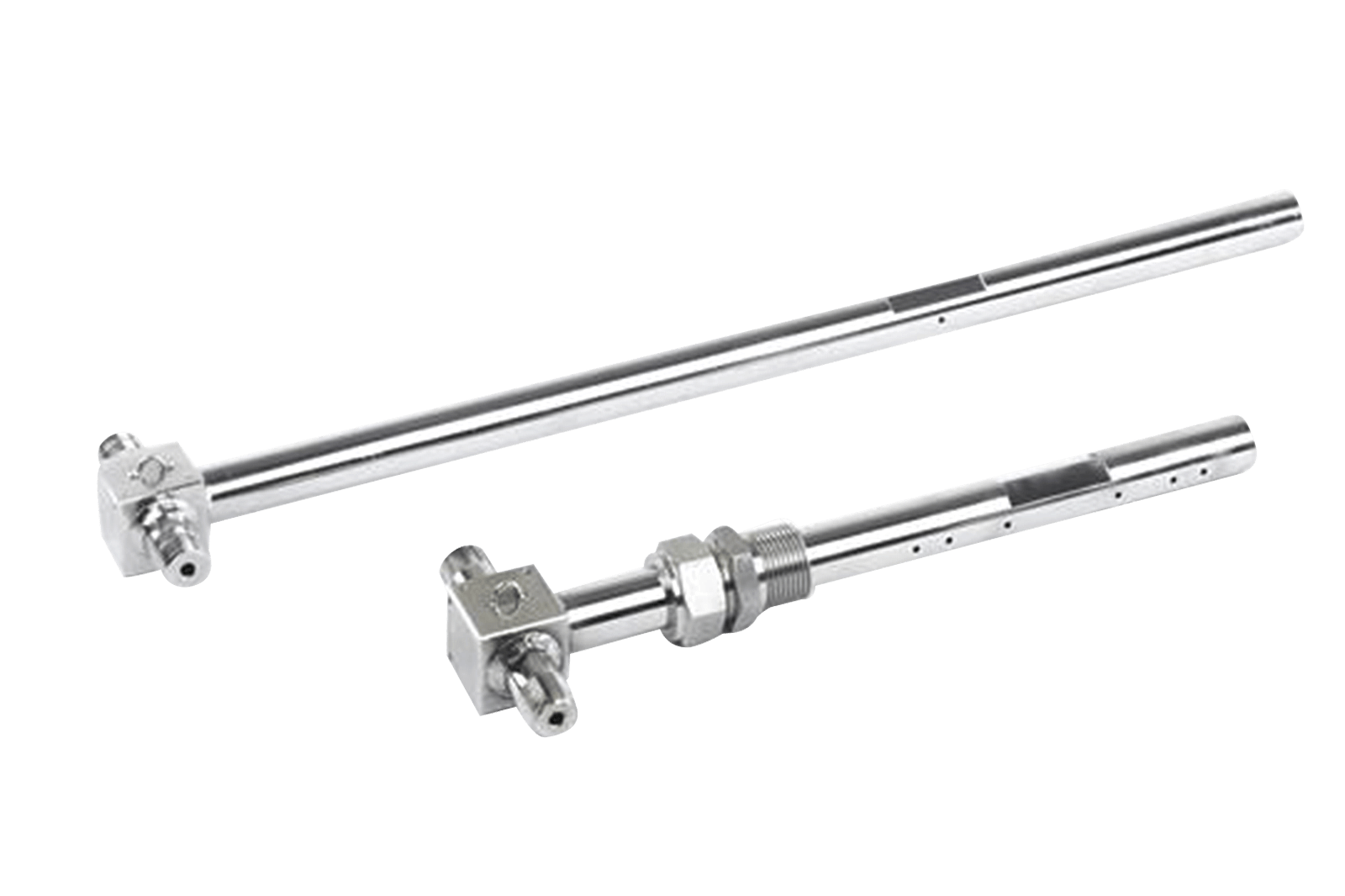 Two polished stainless steel QBar Averaging Pitot tube flow measurement devices