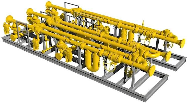 Engineered metering skid package with yellow pipework on a structural frame