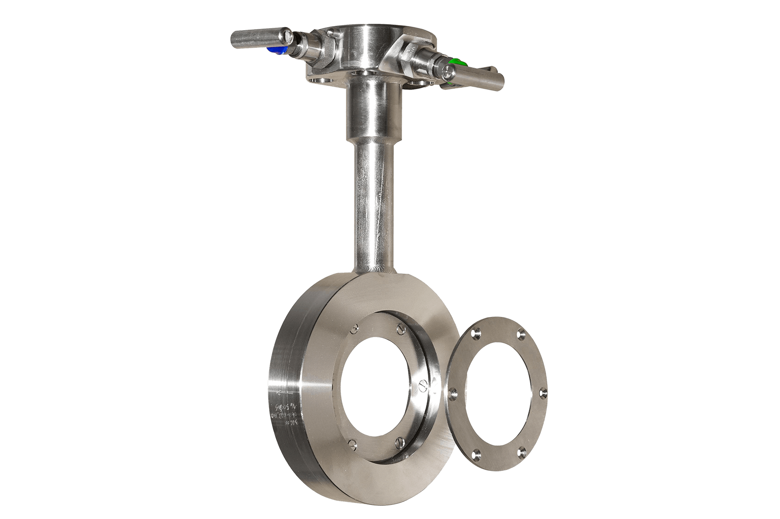 Stainless steel orifice plate and carrier assembly with top-mounted valves and a separate sealing flange