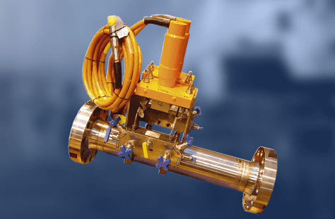 Subsea venturi meter with yellow cable and flanged cylindrical body